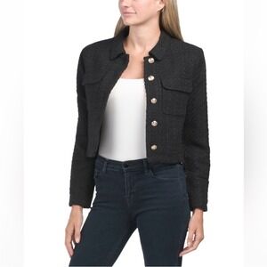 Rachel Zoe Black Tweed Cropped Jacket Gold Button Pockets Blazer Women's XS